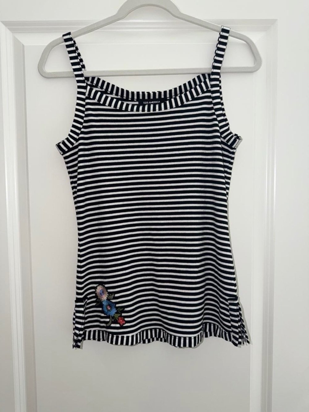 525 America Black & White Striped Tank Top with Floral Accent